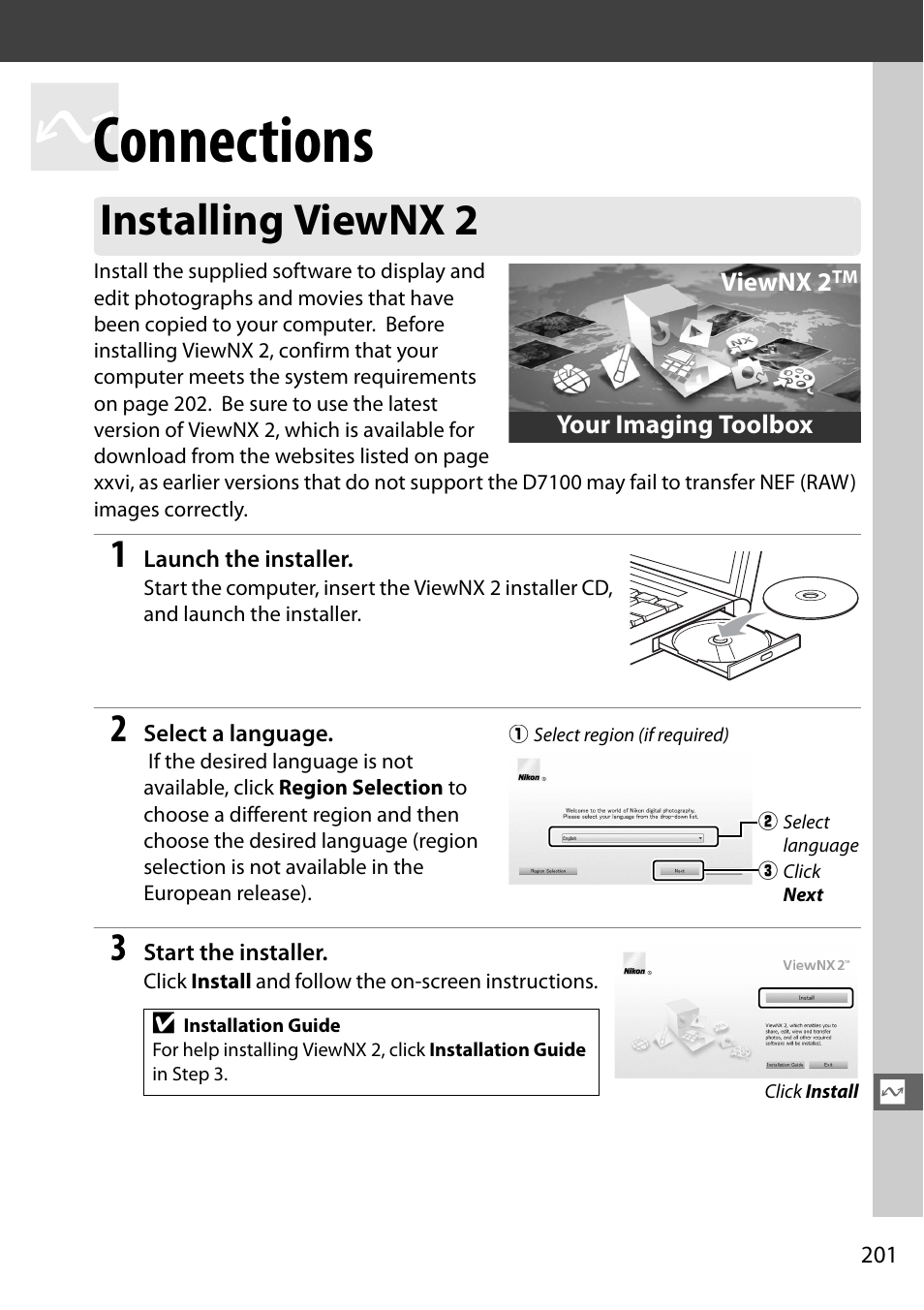 Connections, Installing viewnx 2 | Nikon D7100 User Manual | Page 229 / 384