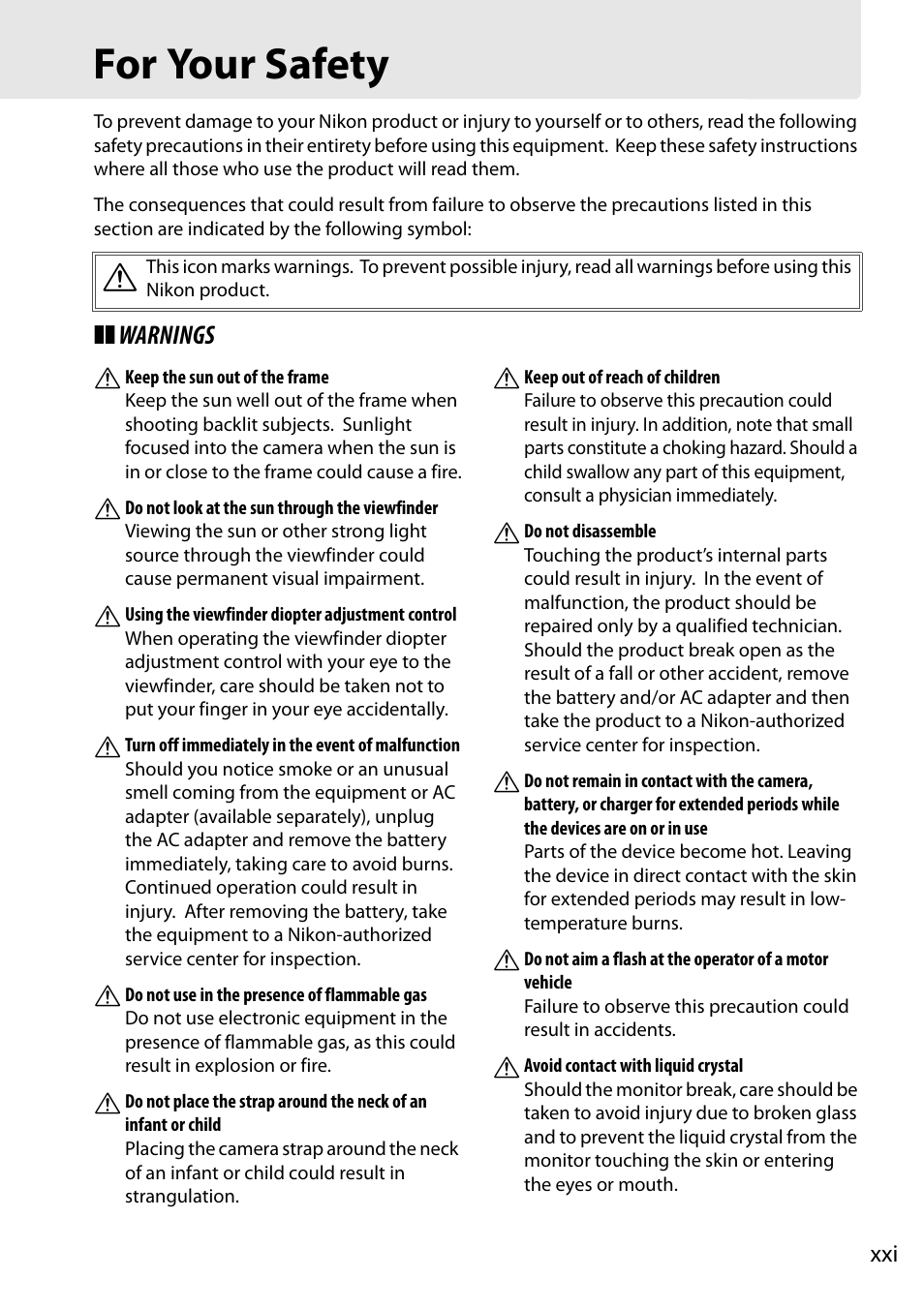 For your safety, 0 xxi–x | Nikon D7100 User Manual | Page 23 / 384