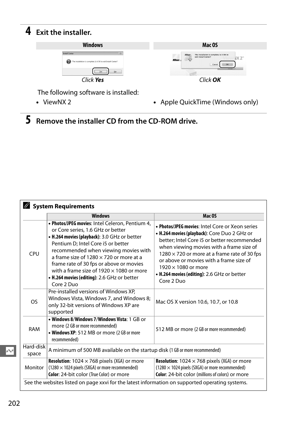 Exit the installer, Remove the installer cd from the cd-rom drive | Nikon D7100 User Manual | Page 230 / 384