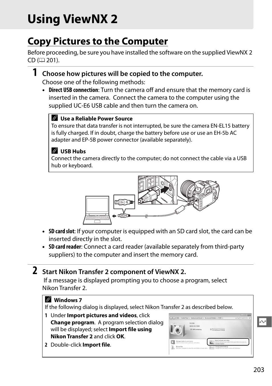 Using viewnx 2, Copy pictures to the computer | Nikon D7100 User Manual | Page 231 / 384