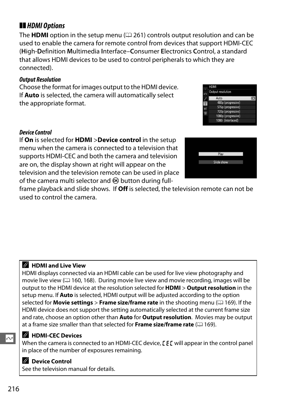 0 216) bef, Hdmi options | Nikon D7100 User Manual | Page 244 / 384