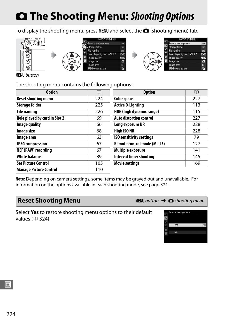 The shooting menu: shooting options, Reset shooting menu, Ting menu ( 0 224) | C the shooting menu: shooting options, Option in the shooting menu (0 224) | Nikon D7100 User Manual | Page 252 / 384