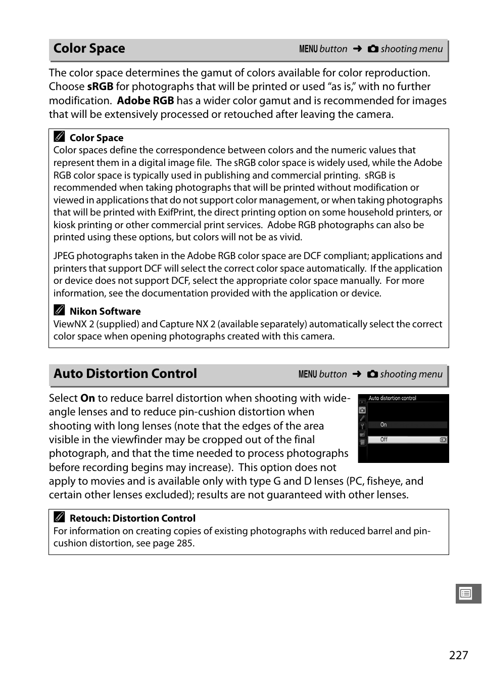 Color space, Auto distortion control, Color space auto distortion control | Nikon D7100 User Manual | Page 255 / 384
