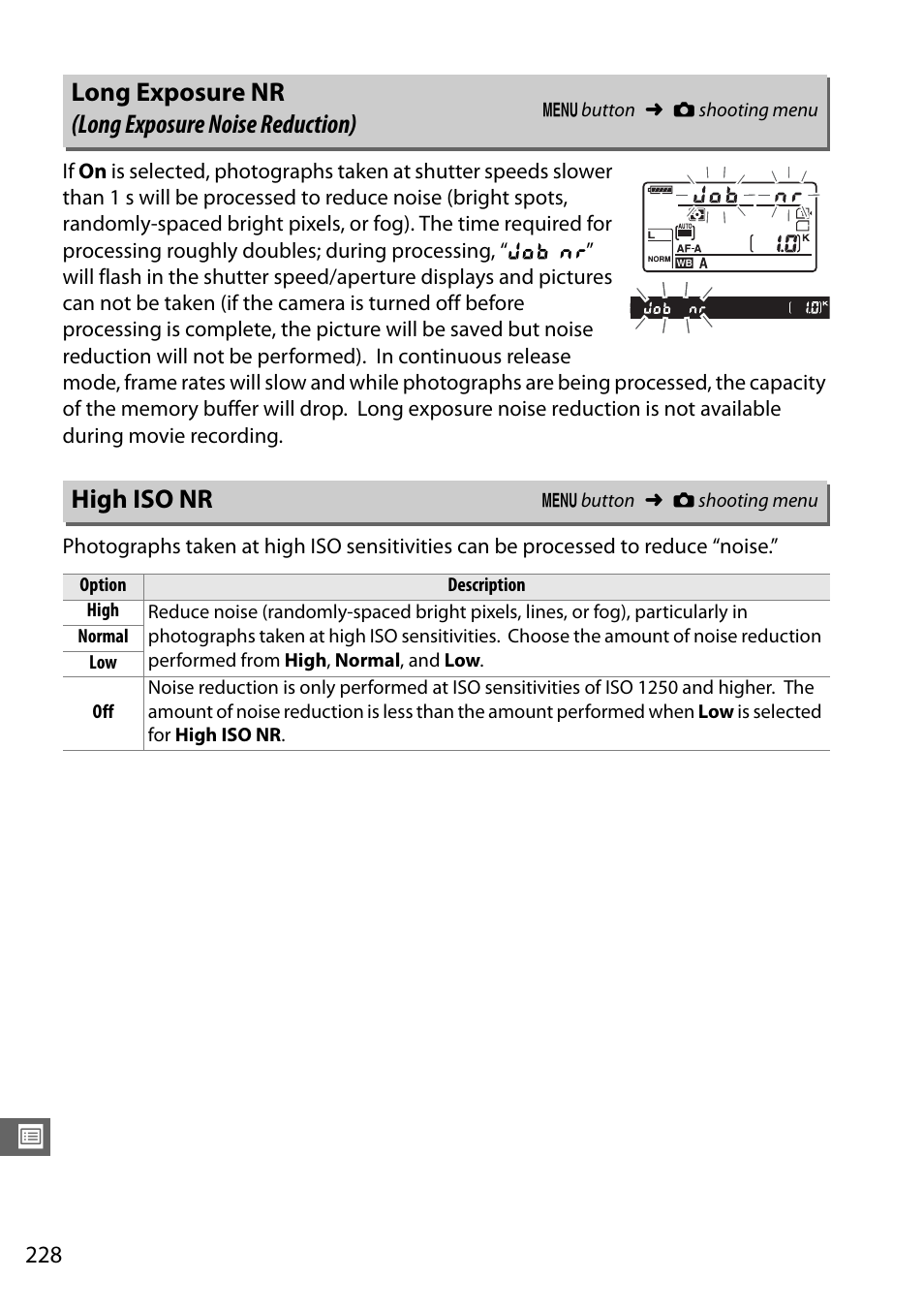 Long exposure nr (long exposure noise reduction), High iso nr | Nikon D7100 User Manual | Page 256 / 384