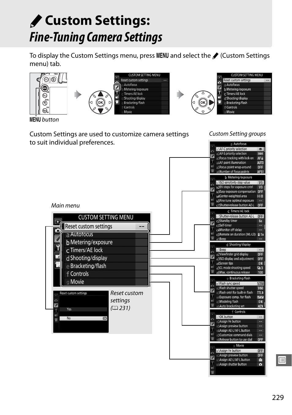 Custom settings: fine-tuning camera settings, A custom settings: fine-tuning camera settings | Nikon D7100 User Manual | Page 257 / 384