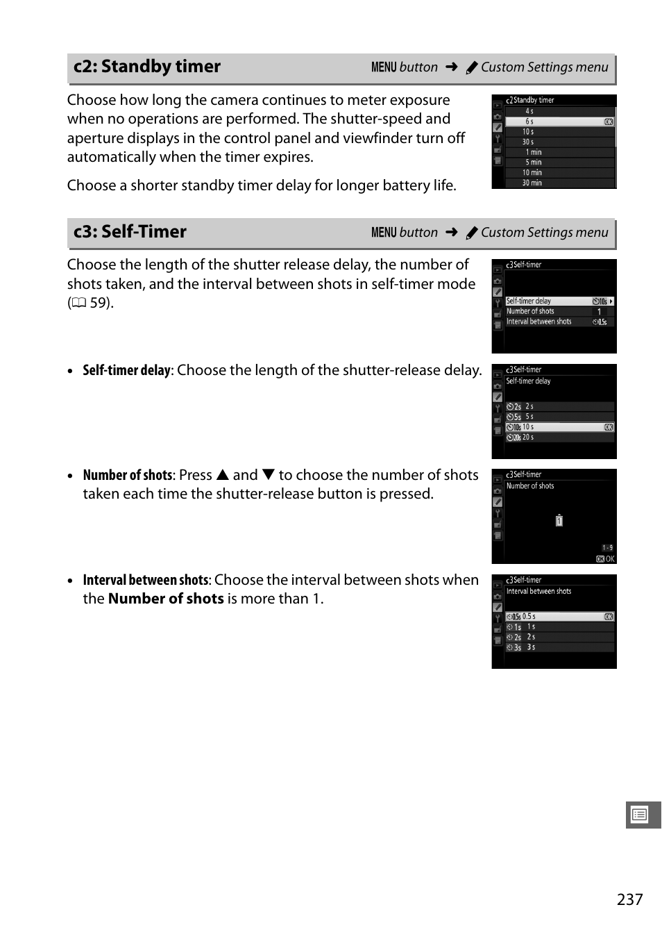 C2: standby timer, C3: self-timer, C2: standby timer c3: self-timer | Nikon D7100 User Manual | Page 265 / 384