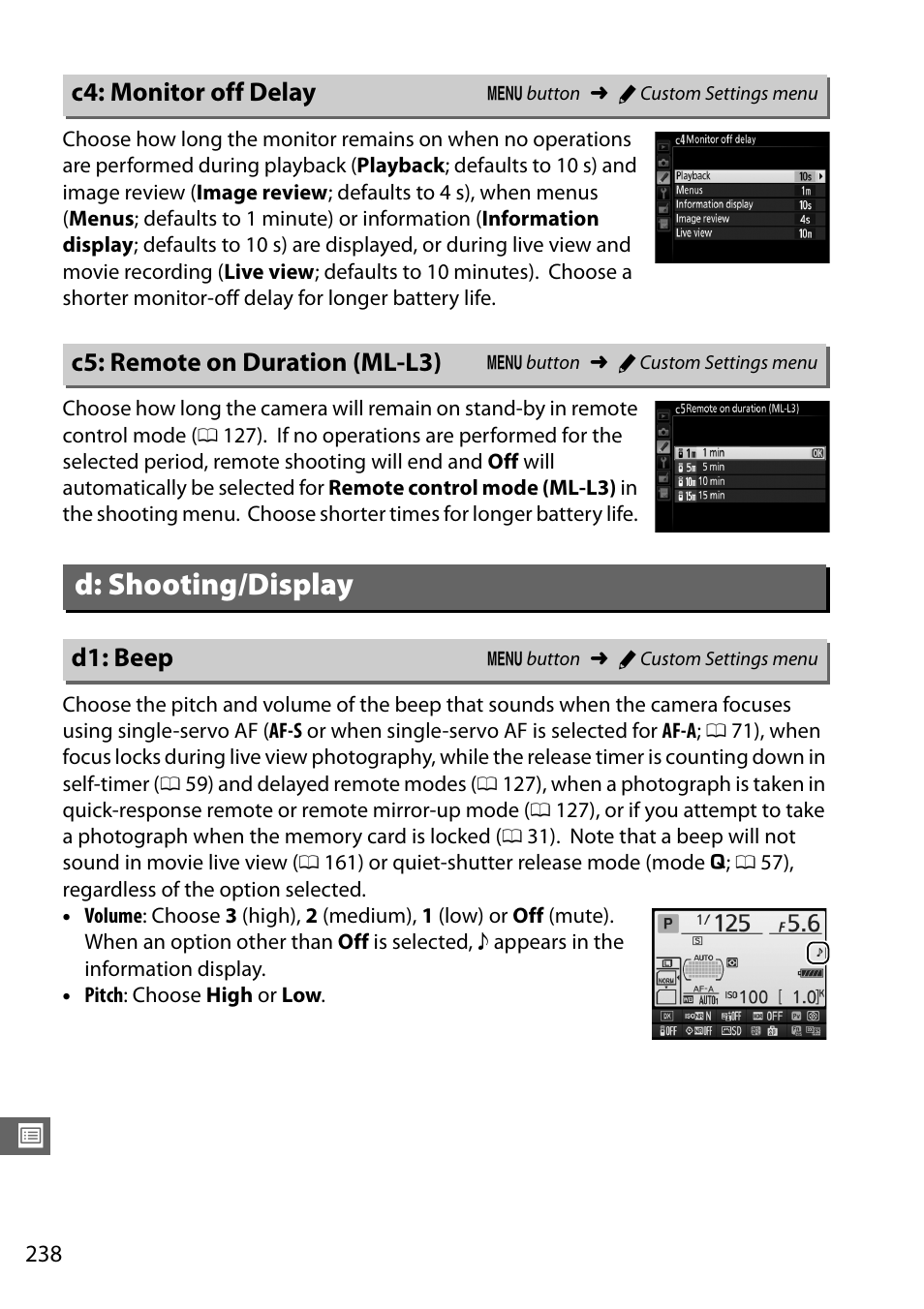 C4: monitor off delay, C5: remote on duration (ml-l3), D: shooting/display | D1: beep, 0 238). f, 0 238—5 s | Nikon D7100 User Manual | Page 266 / 384