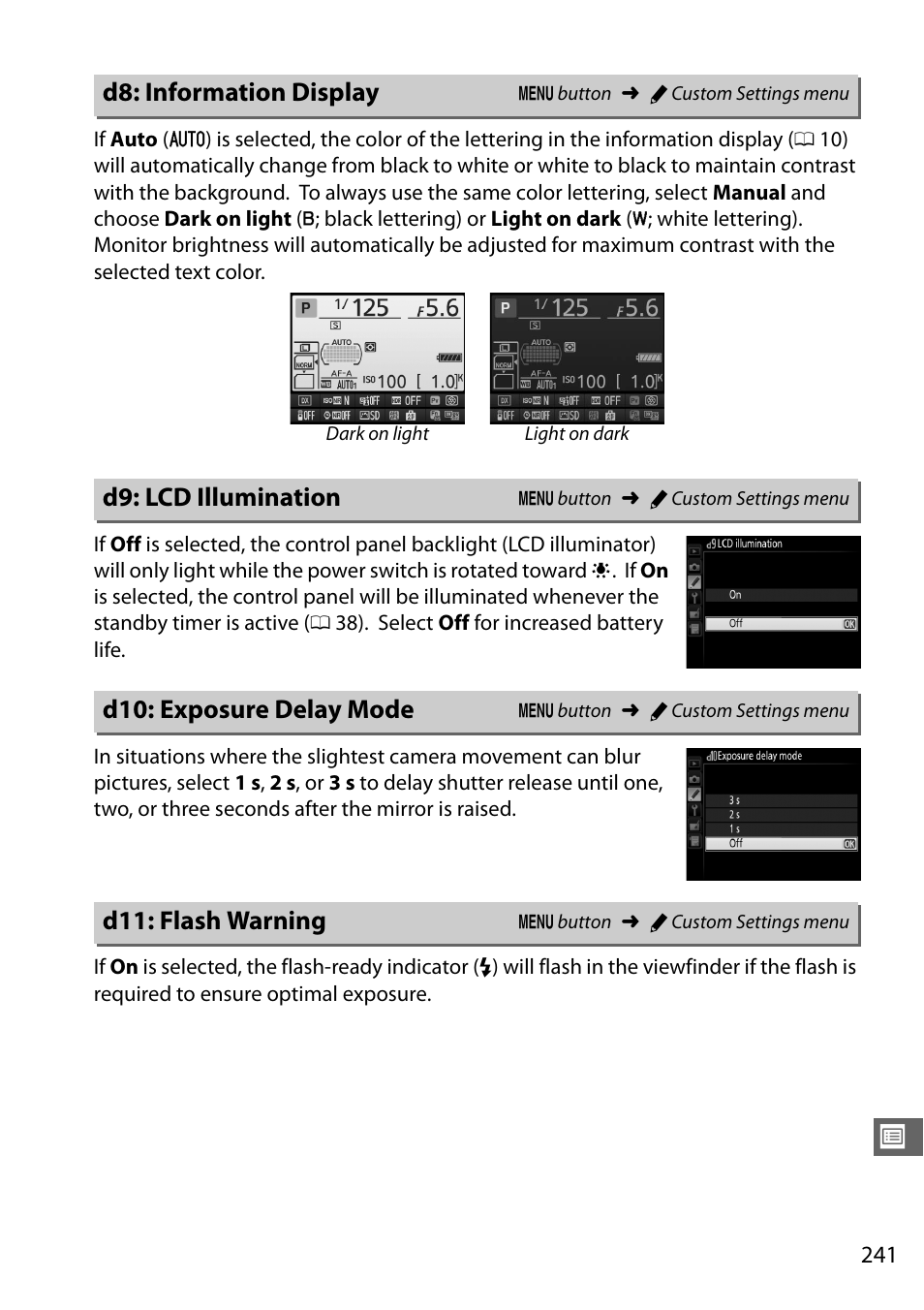 D8: information display, D9: lcd illumination, D10: exposure delay mode | D11: flash warning | Nikon D7100 User Manual | Page 269 / 384