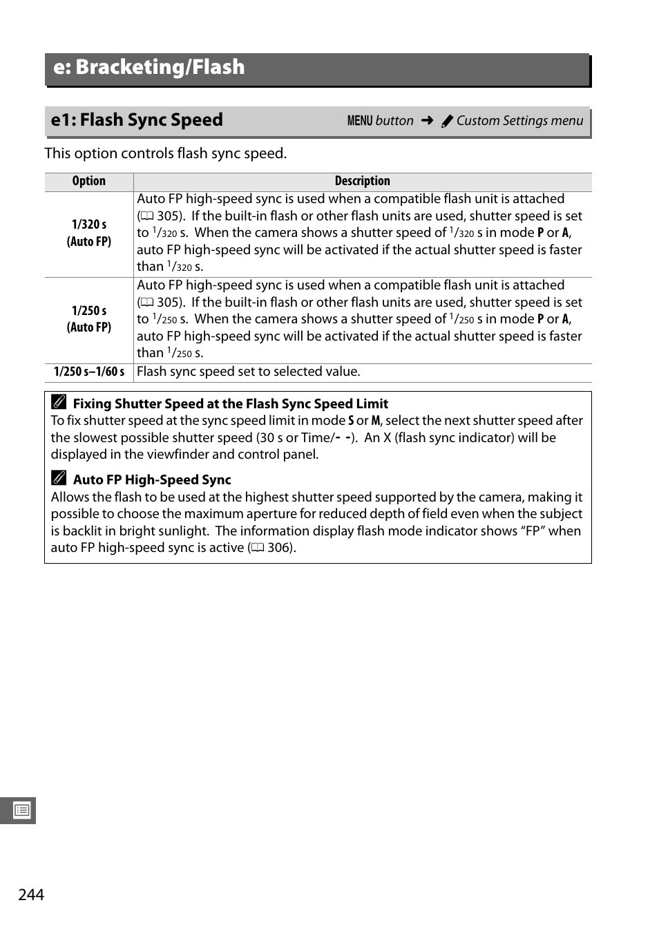E: bracketing/flash, E1: flash sync speed | Nikon D7100 User Manual | Page 272 / 384