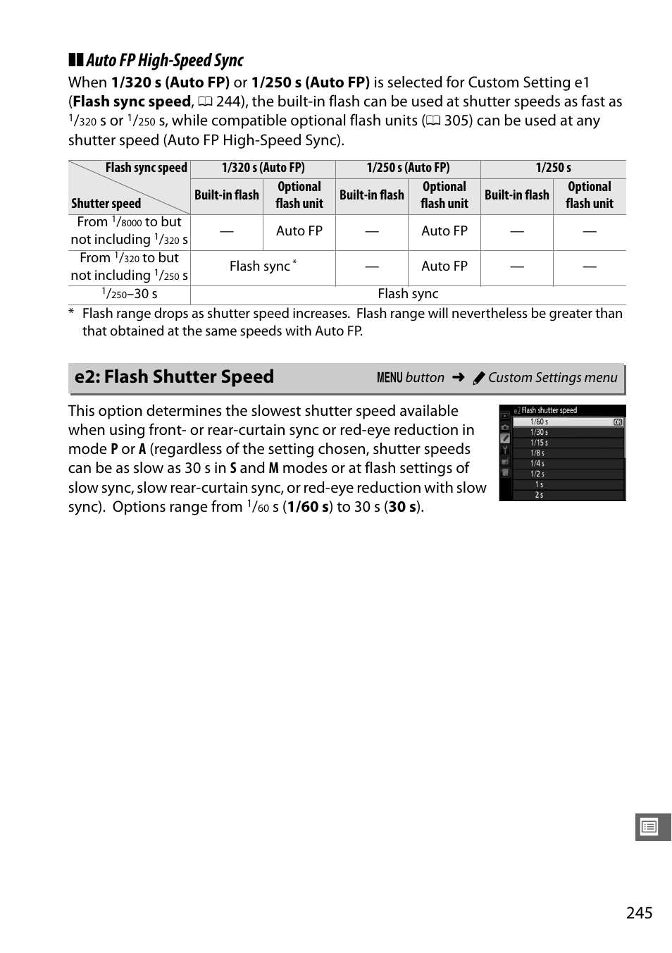 E2: flash shutter speed, Auto fp high-speed sync | Nikon D7100 User Manual | Page 273 / 384