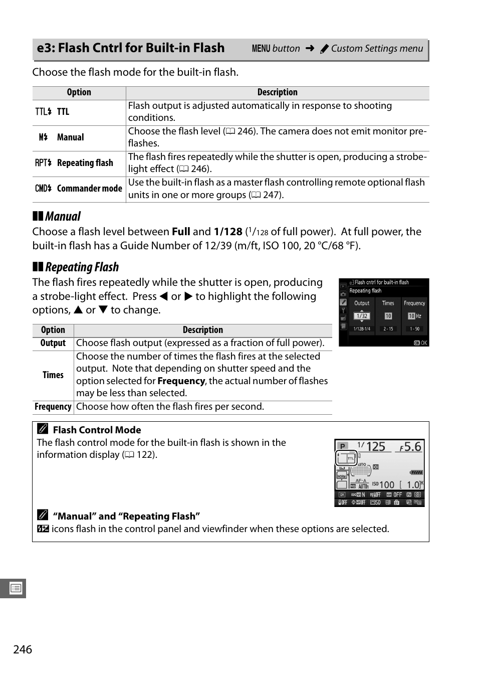 E3: flash cntrl for built-in flash, 0 246), y, Manual | Repeating flash | Nikon D7100 User Manual | Page 274 / 384