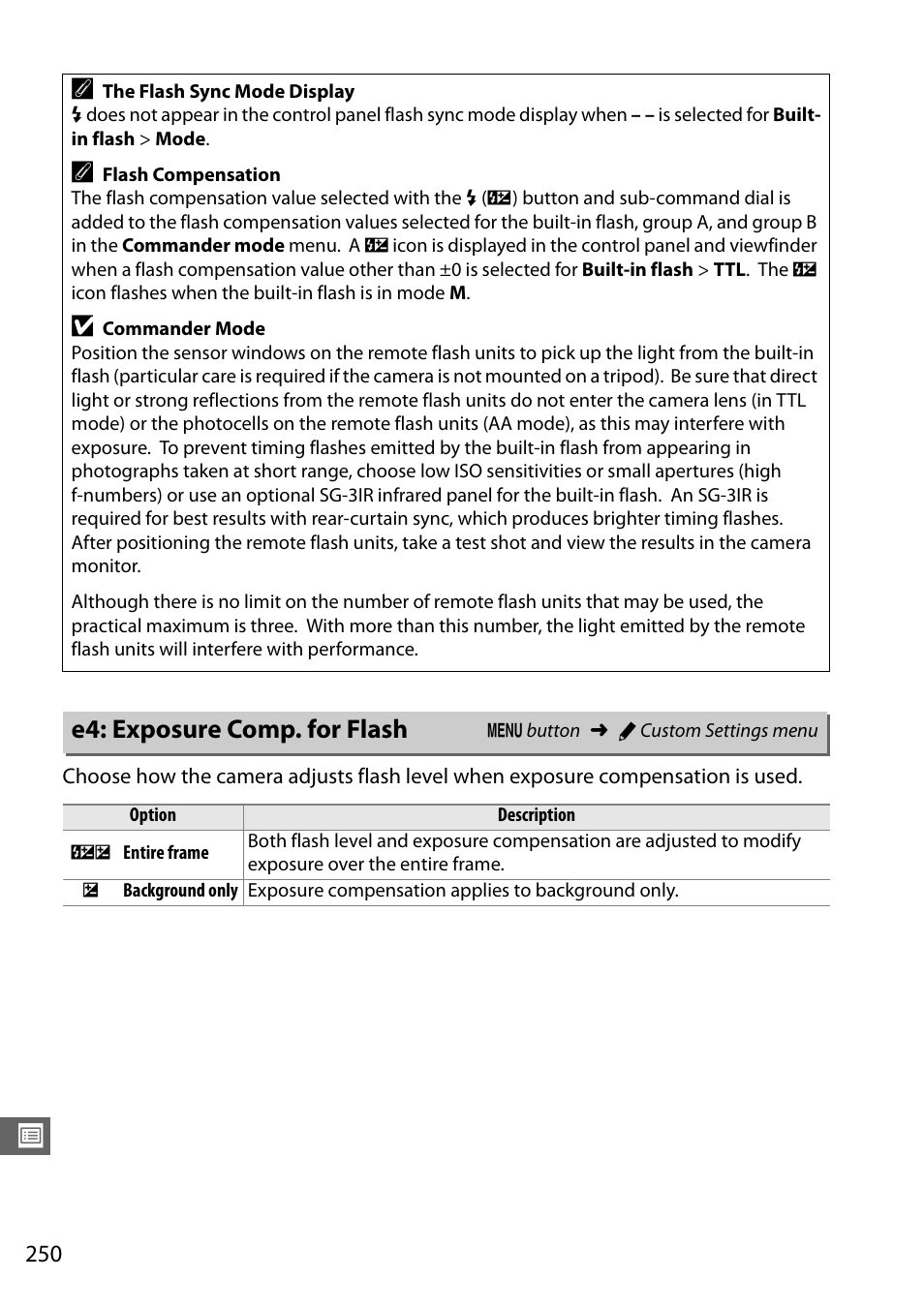 E4: exposure comp. for flash, 0 250) can be | Nikon D7100 User Manual | Page 278 / 384