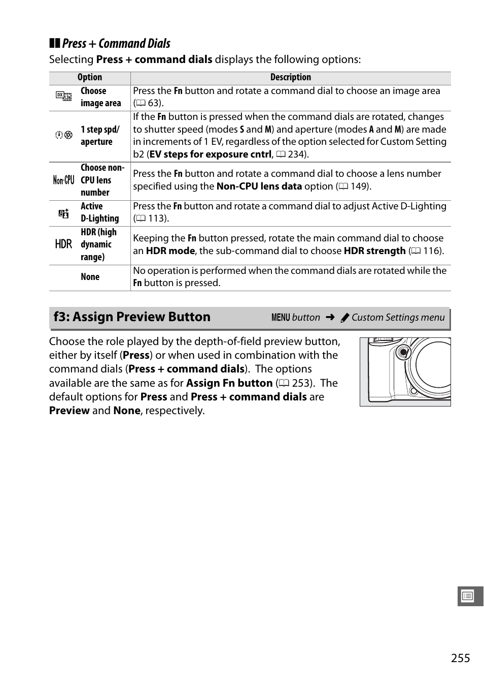 F3: assign preview button, 0 255) or c, Press + command dials | Nikon D7100 User Manual | Page 283 / 384