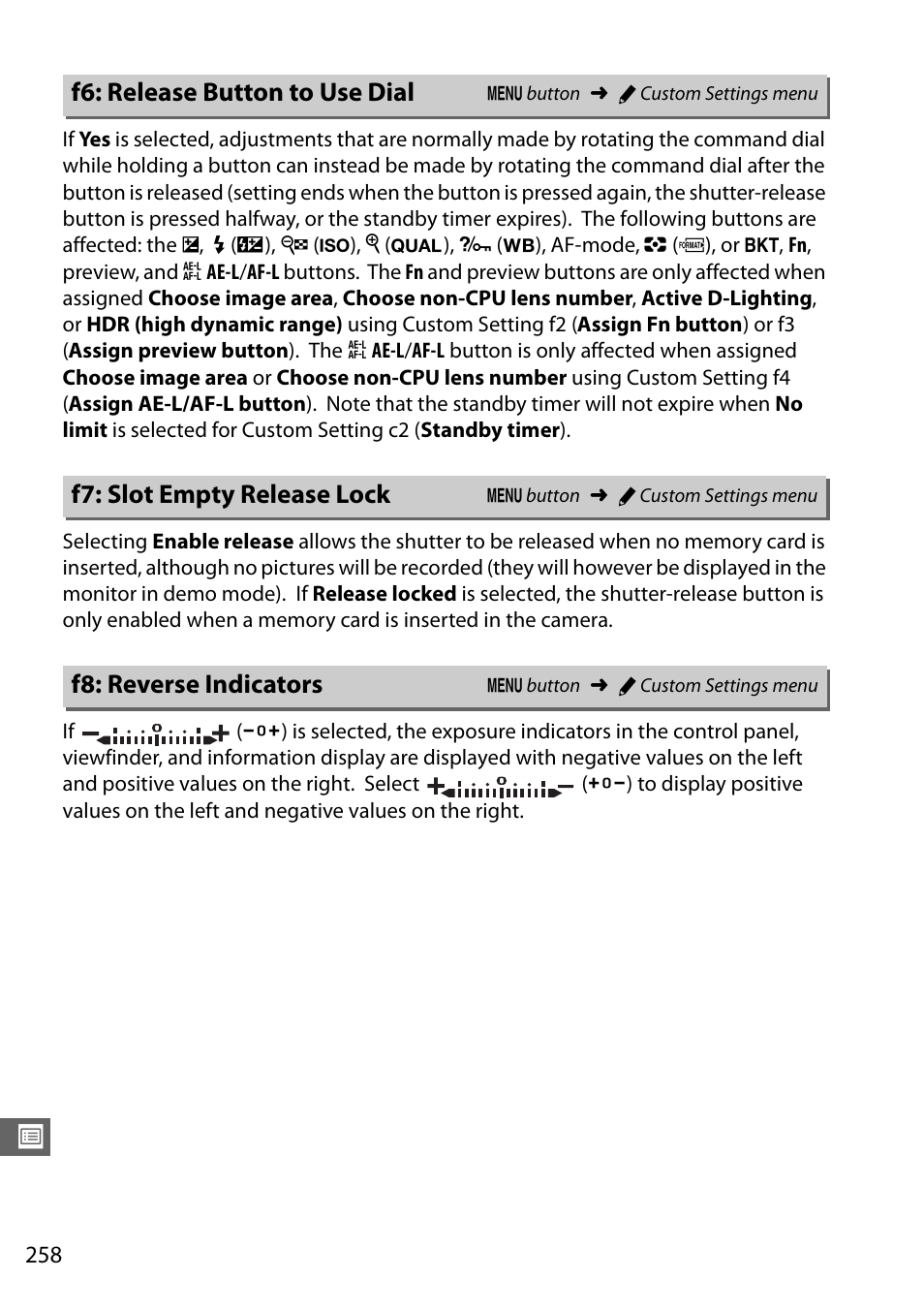 F6: release button to use dial, F7: slot empty release lock, F8: reverse indicators | Nikon D7100 User Manual | Page 286 / 384