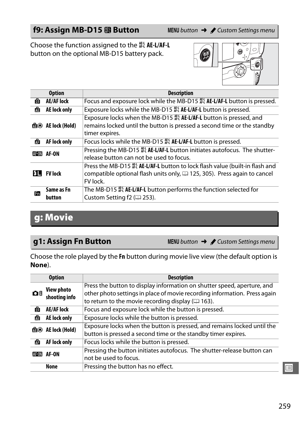 F9: assign mb-d15 ae-l/af-l button, G: movie, G1: assign fn button | F9: assign mb-d15 4 button, Ooting; 0 259, Button (0 259, 260) to displa, 0 259), g2 | Nikon D7100 User Manual | Page 287 / 384