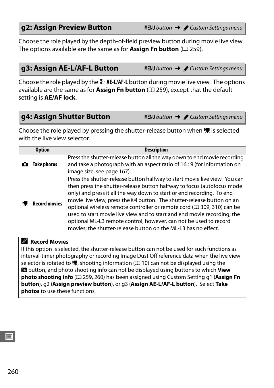 G2: assign preview button, G3: assign ae-l/af-l button, G4: assign shutter button | 0 260), the, 0 260), and, 0 260), r | Nikon D7100 User Manual | Page 288 / 384