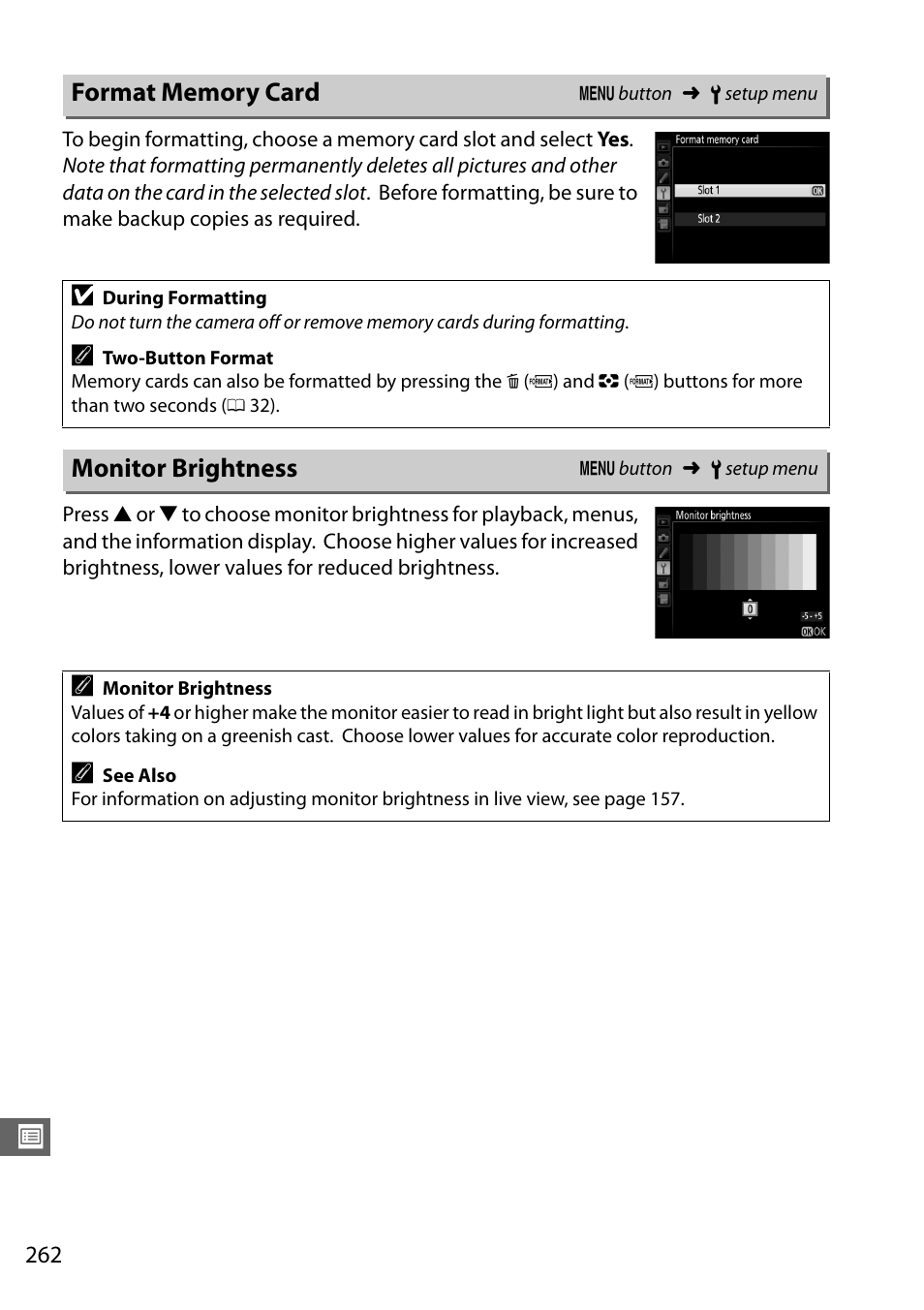 Format memory card, Monitor brightness, Format memory card monitor brightness | Nikon D7100 User Manual | Page 290 / 384
