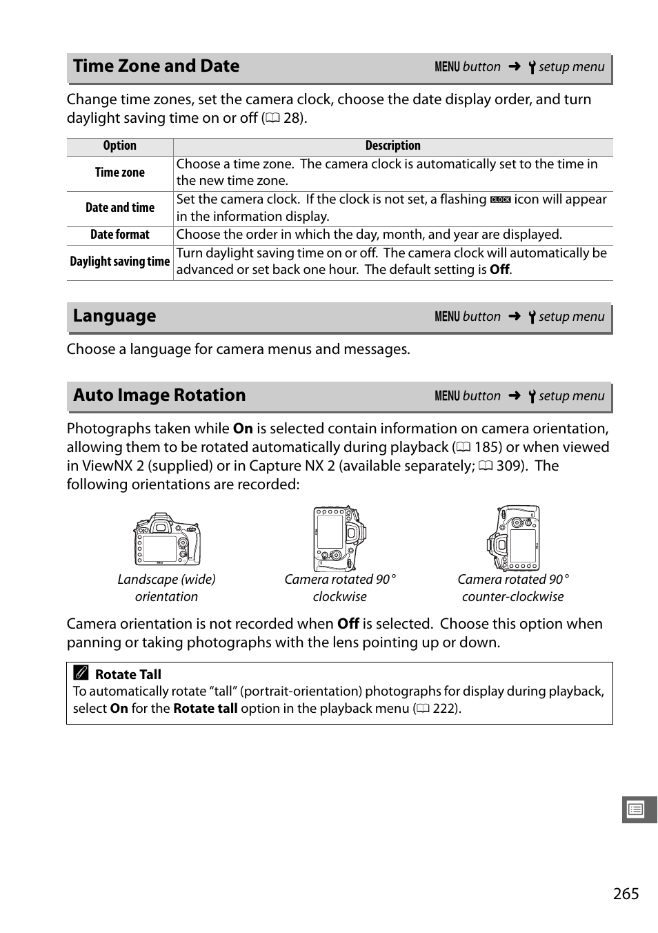 Time zone and date, Language, Auto image rotation | Time zone and date language auto image rotation | Nikon D7100 User Manual | Page 293 / 384
