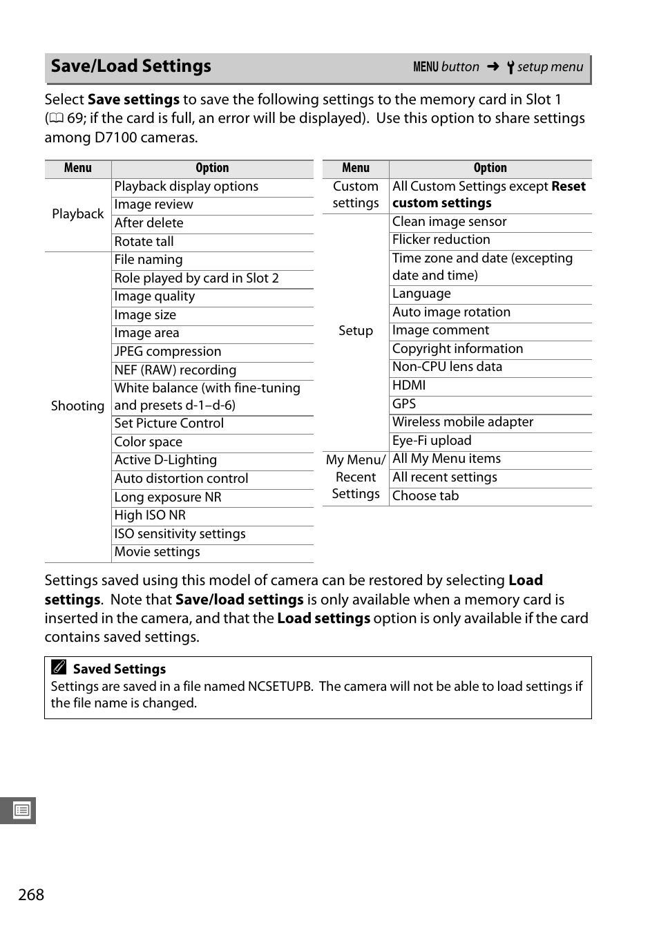 Save/load settings | Nikon D7100 User Manual | Page 296 / 384