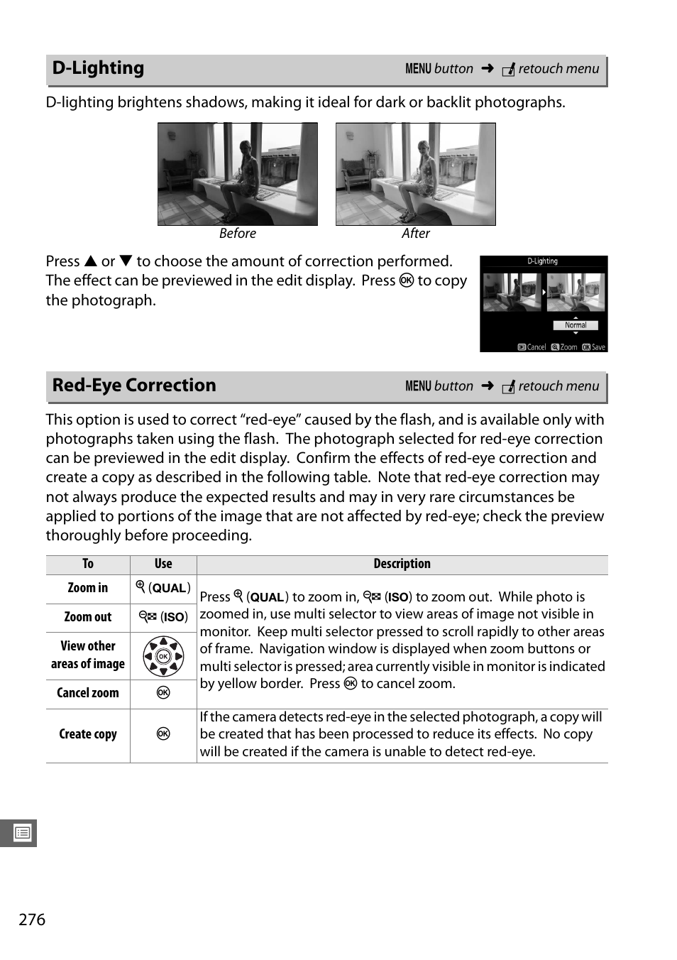 D-lighting, Red-eye correction, D-lighting red-eye correction | Nikon D7100 User Manual | Page 304 / 384