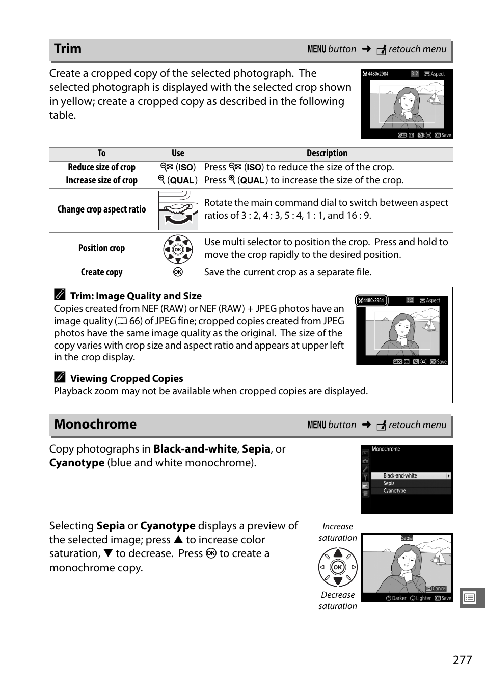 Trim, Monochrome, Trim monochrome | Nikon D7100 User Manual | Page 305 / 384