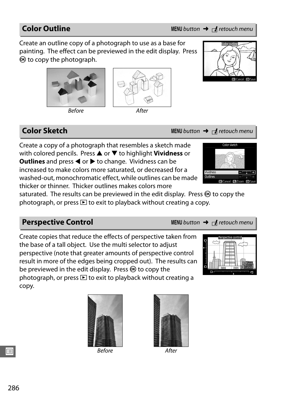 Color outline, Color sketch, Perspective control | Color outline color sketch perspective control | Nikon D7100 User Manual | Page 314 / 384