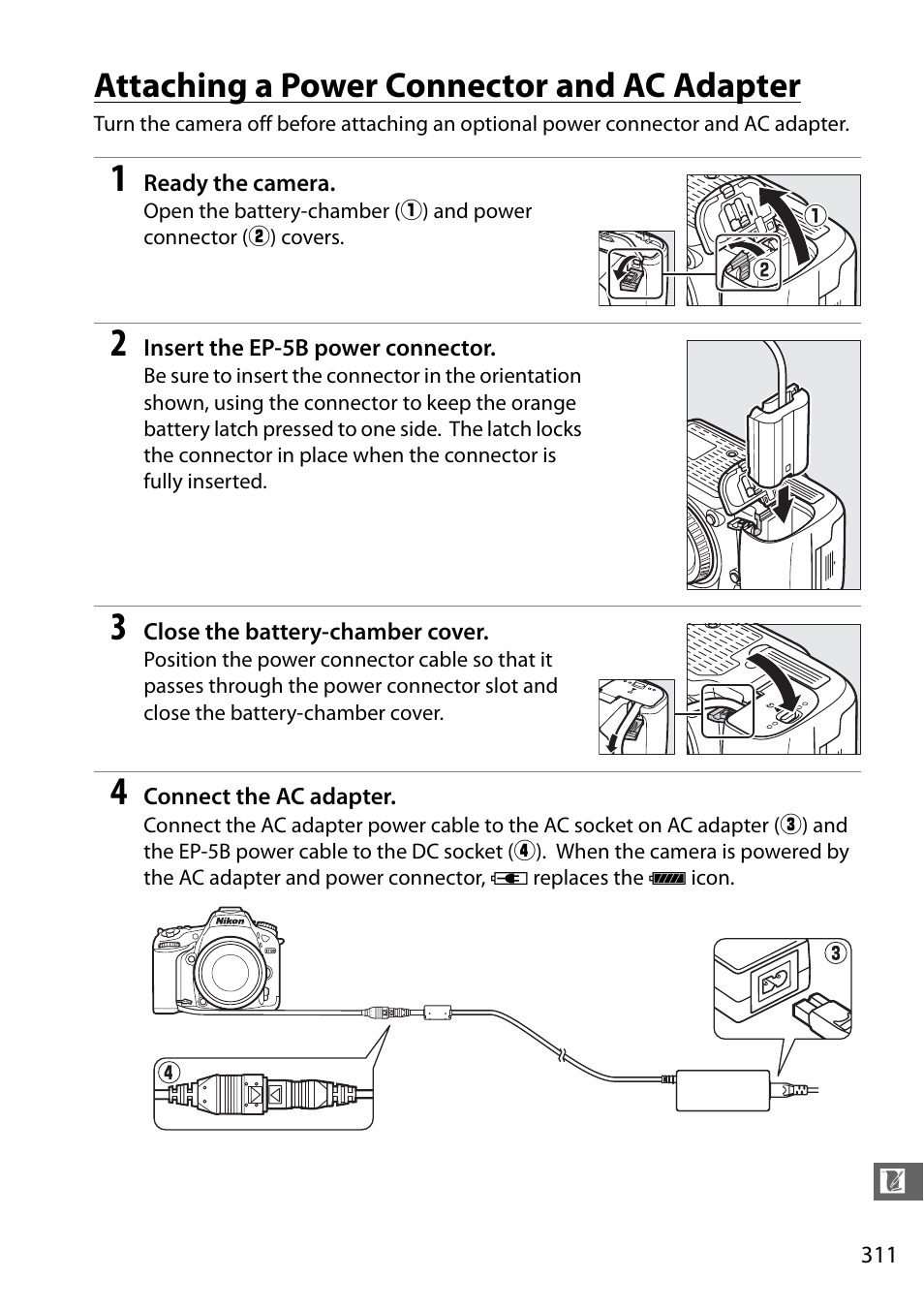 Attaching a power connector and ac adapter | Nikon D7100 User Manual | Page 339 / 384