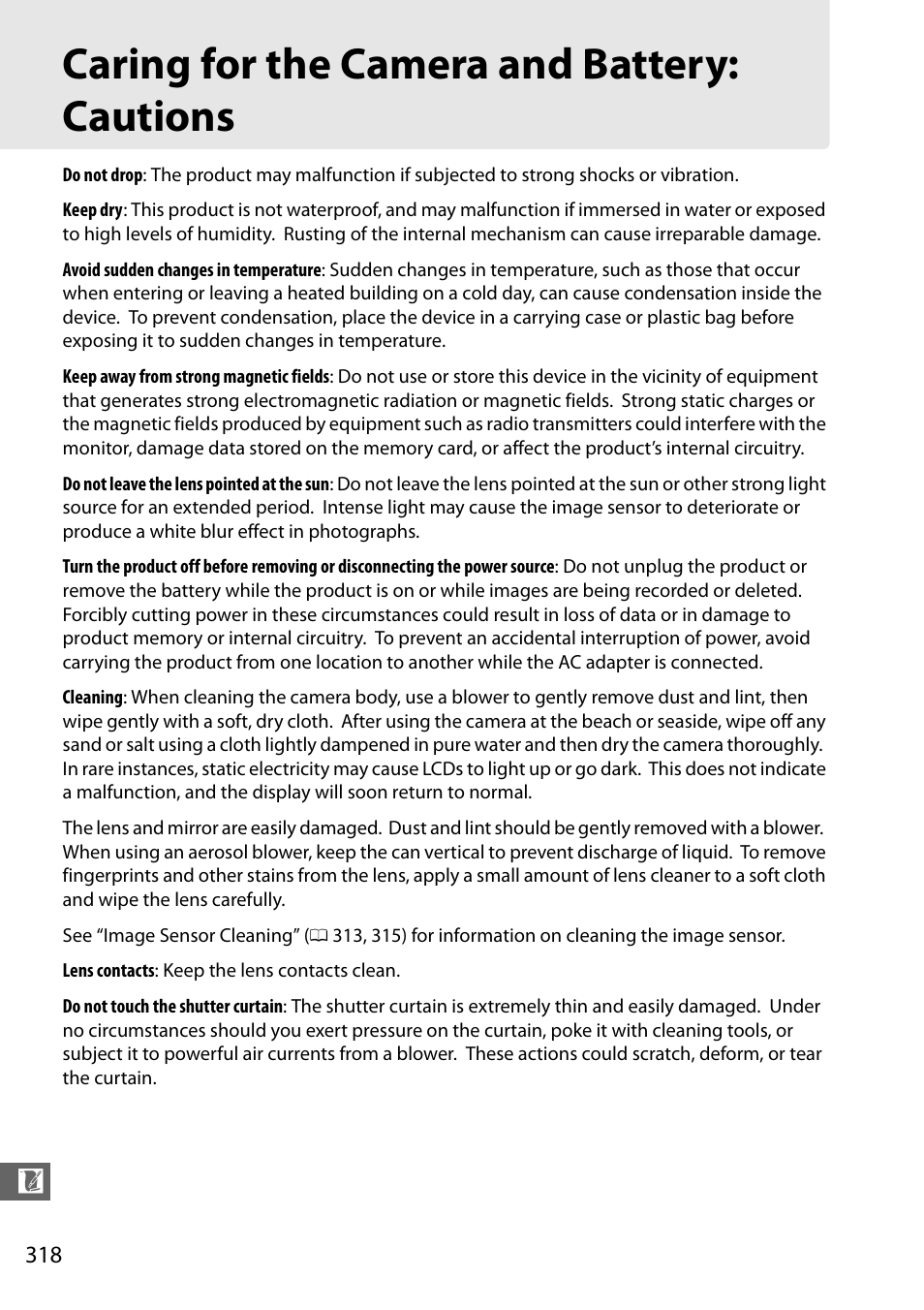 Caring for the camera and battery: cautions, And 318–320 o | Nikon D7100 User Manual | Page 346 / 384