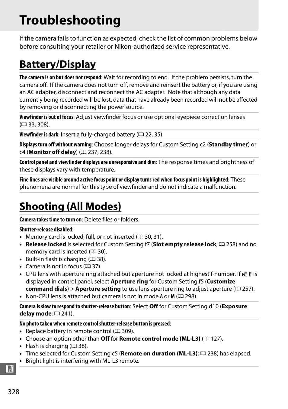 Troubleshooting, Battery/display, Shooting (all modes) | Battery/display shooting (all modes) | Nikon D7100 User Manual | Page 356 / 384