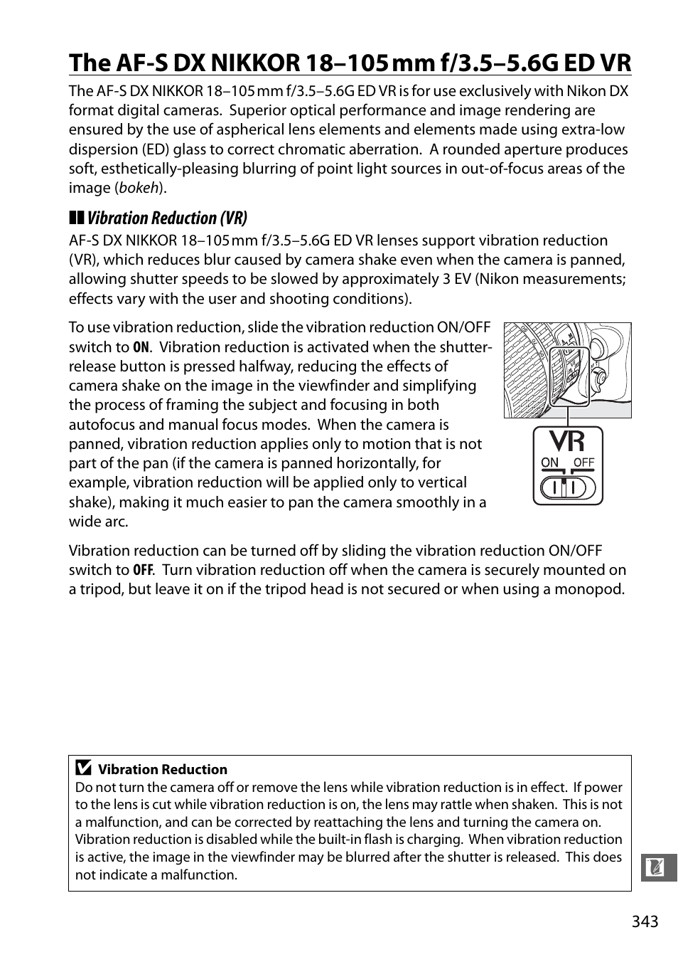 The af-s dx nikkor 18-105mm f/3.5-5.6g ed vr, The af-s dx nikkor 18–105mm f/3.5–5.6g ed vr | Nikon D7100 User Manual | Page 371 / 384