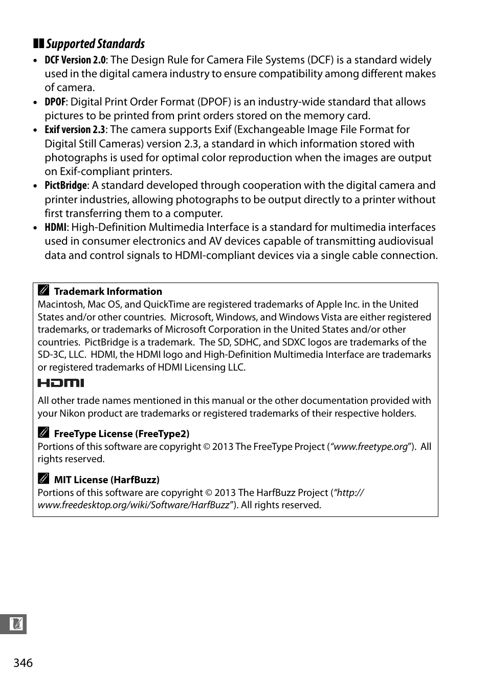 0 346) co, Supported standards | Nikon D7100 User Manual | Page 374 / 384