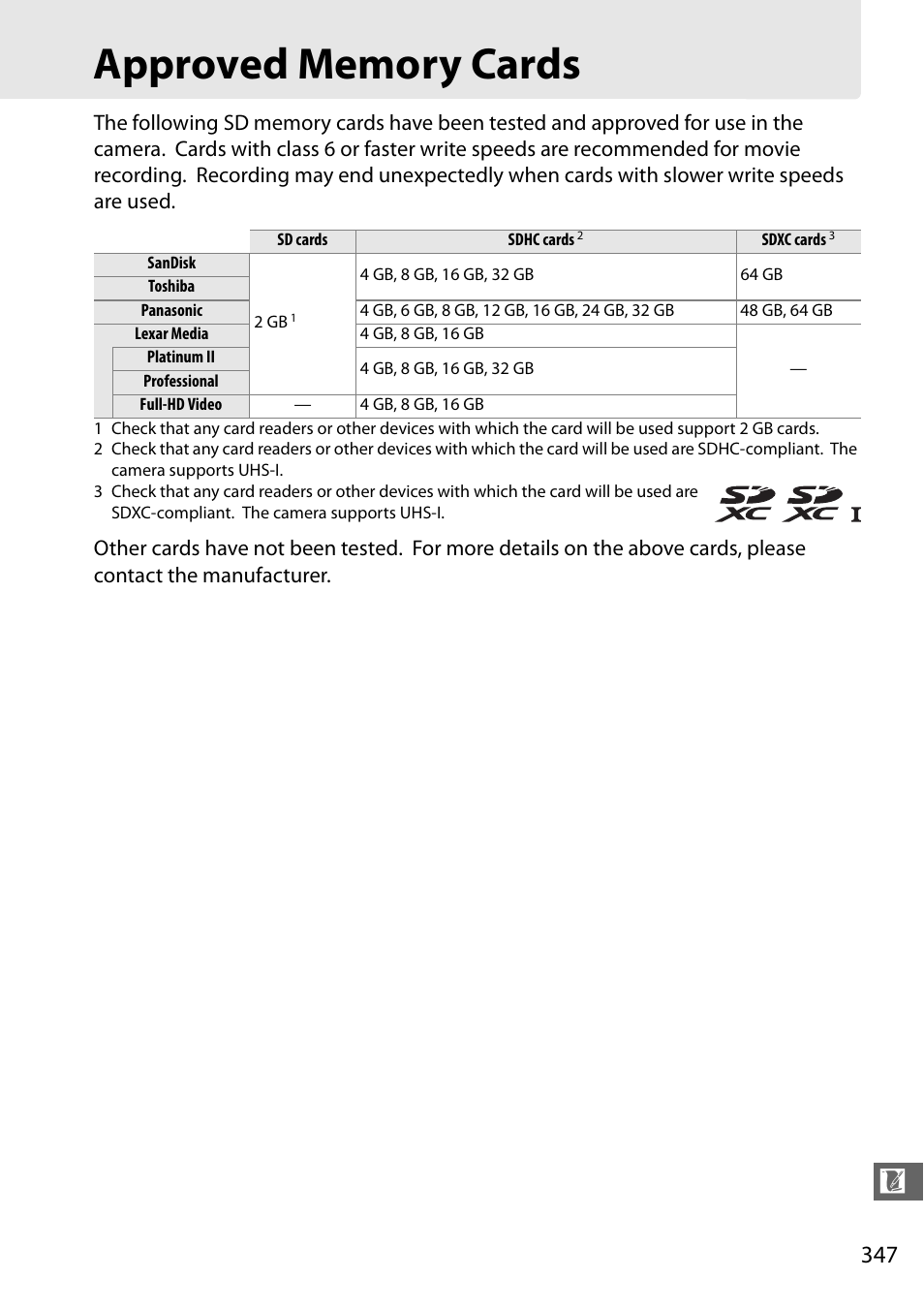 Approved memory cards | Nikon D7100 User Manual | Page 375 / 384