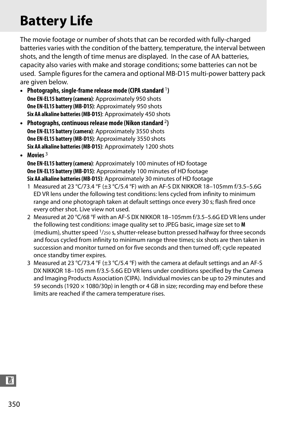 Battery life | Nikon D7100 User Manual | Page 378 / 384