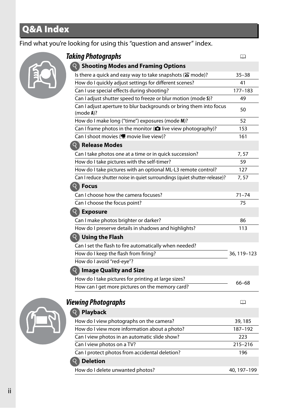 Q&a index, Taking photographs, Viewing photographs | Nikon D7100 User Manual | Page 4 / 384