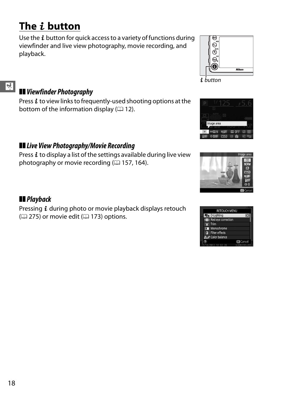 The i button, The p button | Nikon D7100 User Manual | Page 46 / 384