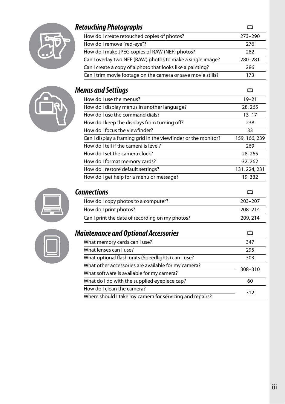 Retouching photographs, Menus and settings, Connections | Maintenance and optional accessories | Nikon D7100 User Manual | Page 5 / 384