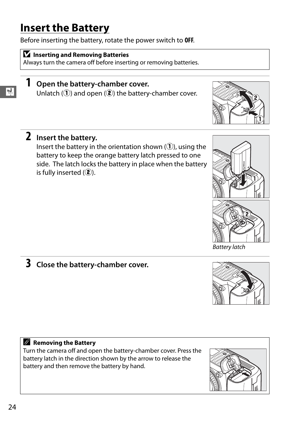 Insert the battery | Nikon D7100 User Manual | Page 52 / 384