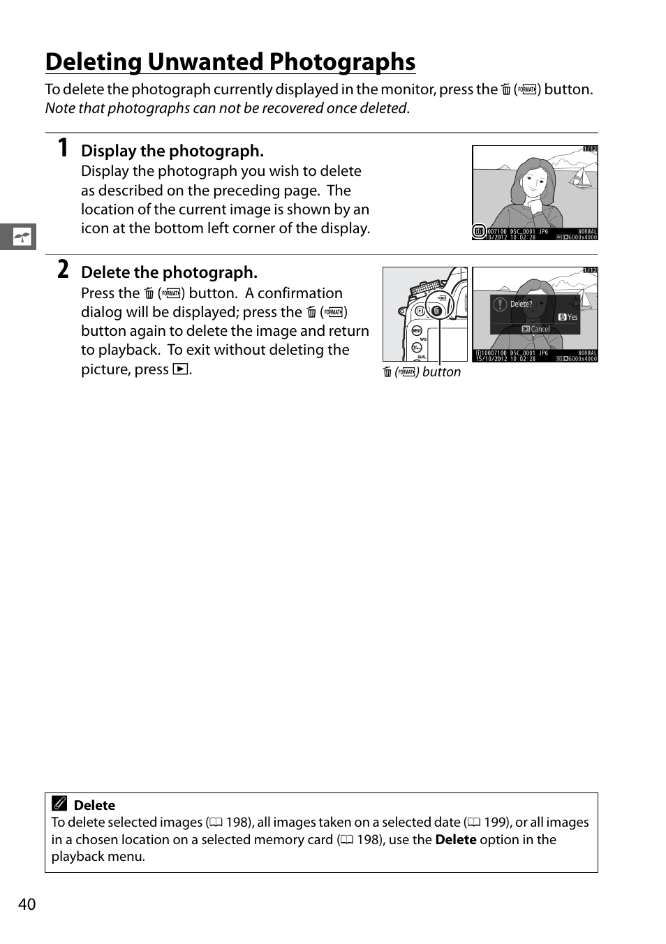 Deleting unwanted photographs, Os (0 40 | Nikon D7100 User Manual | Page 68 / 384