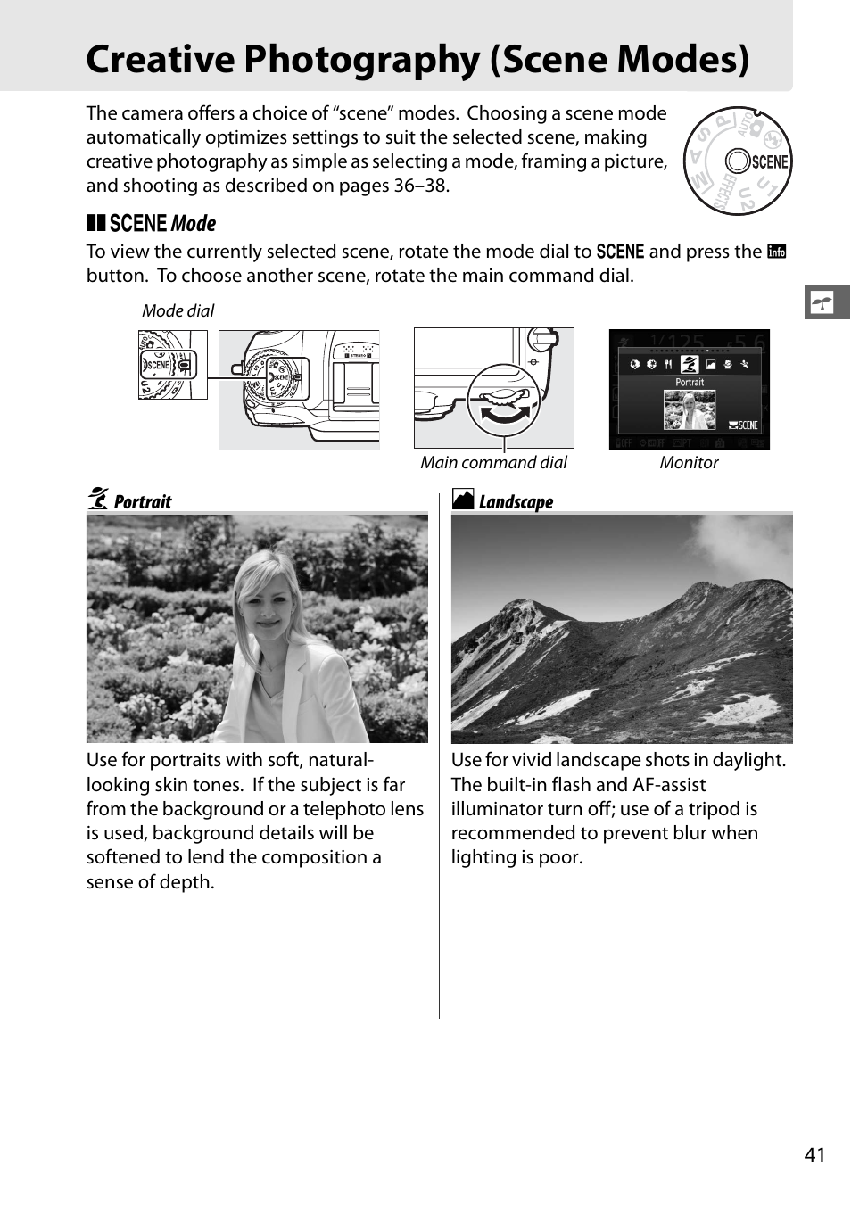 Creative photography (scene modes), Portrait, Landscape | K portrait l landscape | Nikon D7100 User Manual | Page 69 / 384