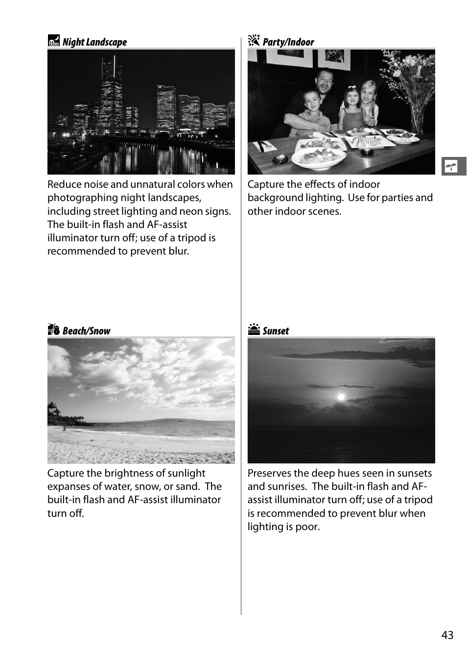 Night landscape, Party/indoor, Beach/snow | Sunset | Nikon D7100 User Manual | Page 71 / 384