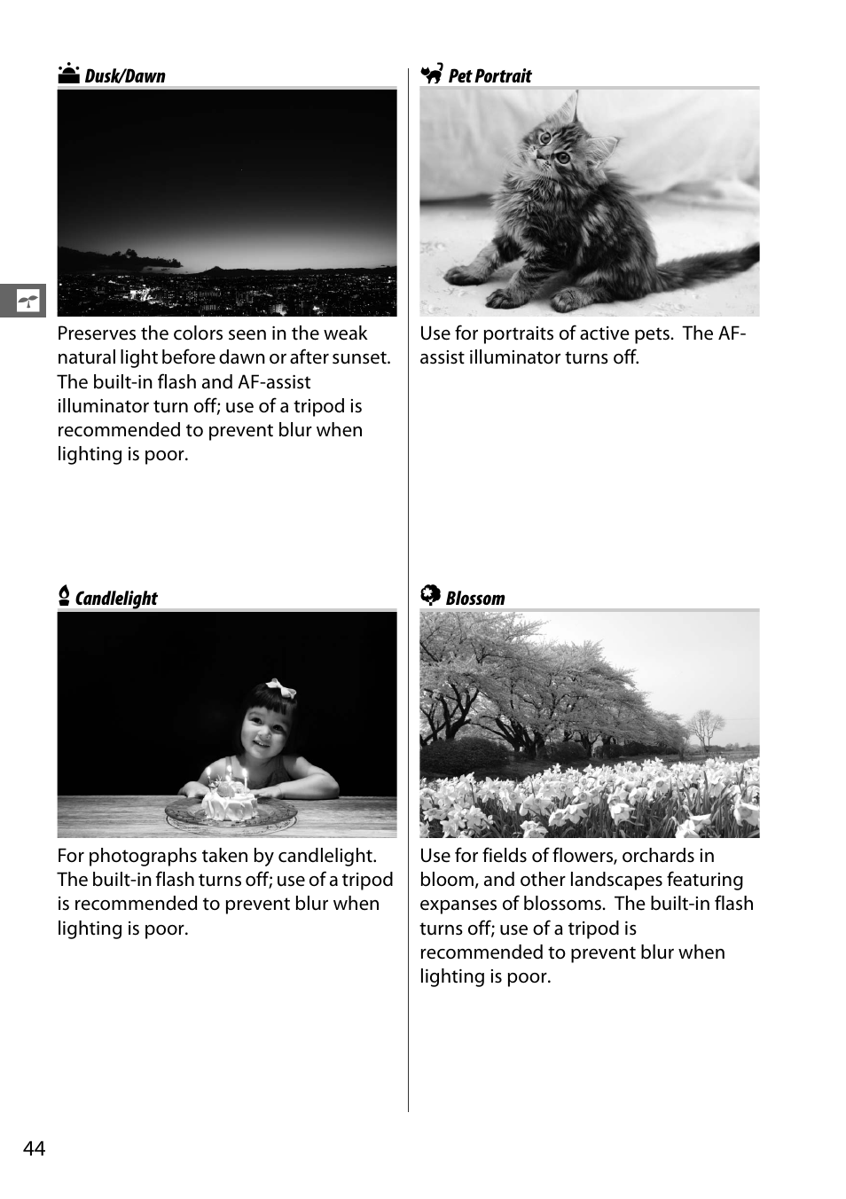 Dusk/dawn, Pet portrait, Candlelight | Blossom, V dusk/dawn w pet portrait x candlelight y blossom | Nikon D7100 User Manual | Page 72 / 384