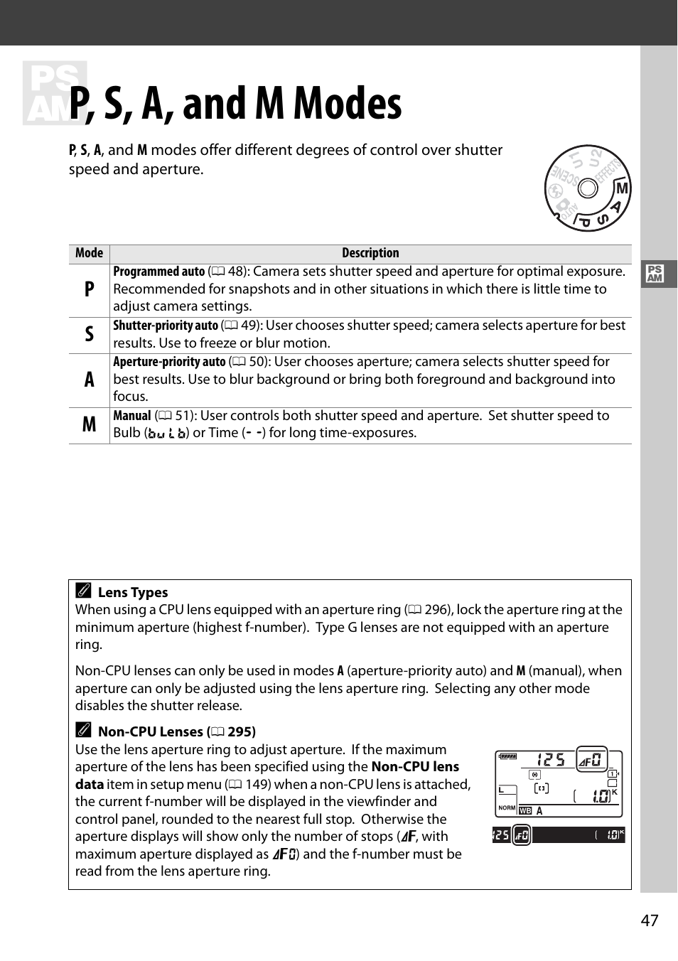 P, s, a, and m modes | Nikon D7100 User Manual | Page 75 / 384