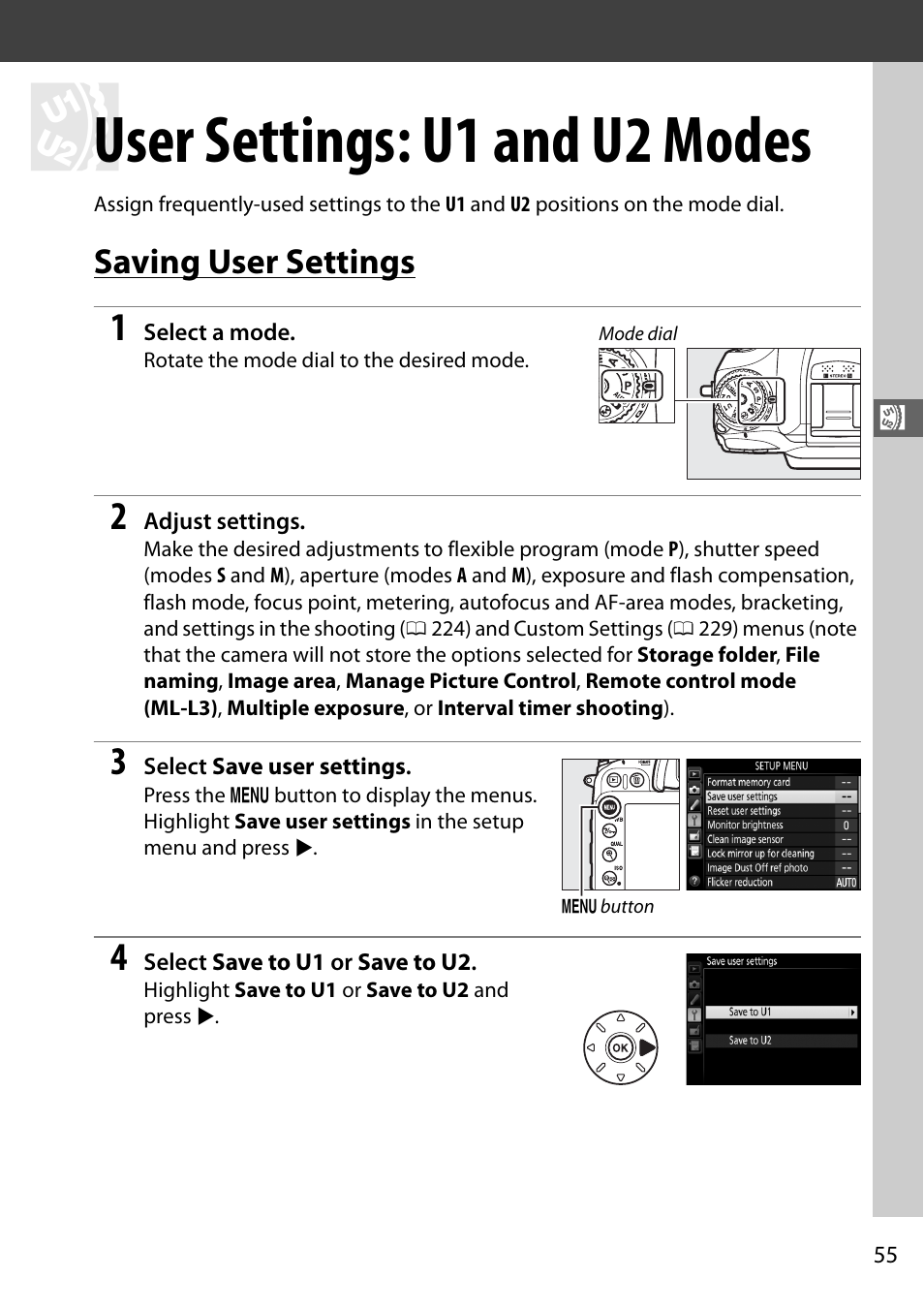 User settings: u1 and u2 modes, Saving user settings | Nikon D7100 User Manual | Page 83 / 384