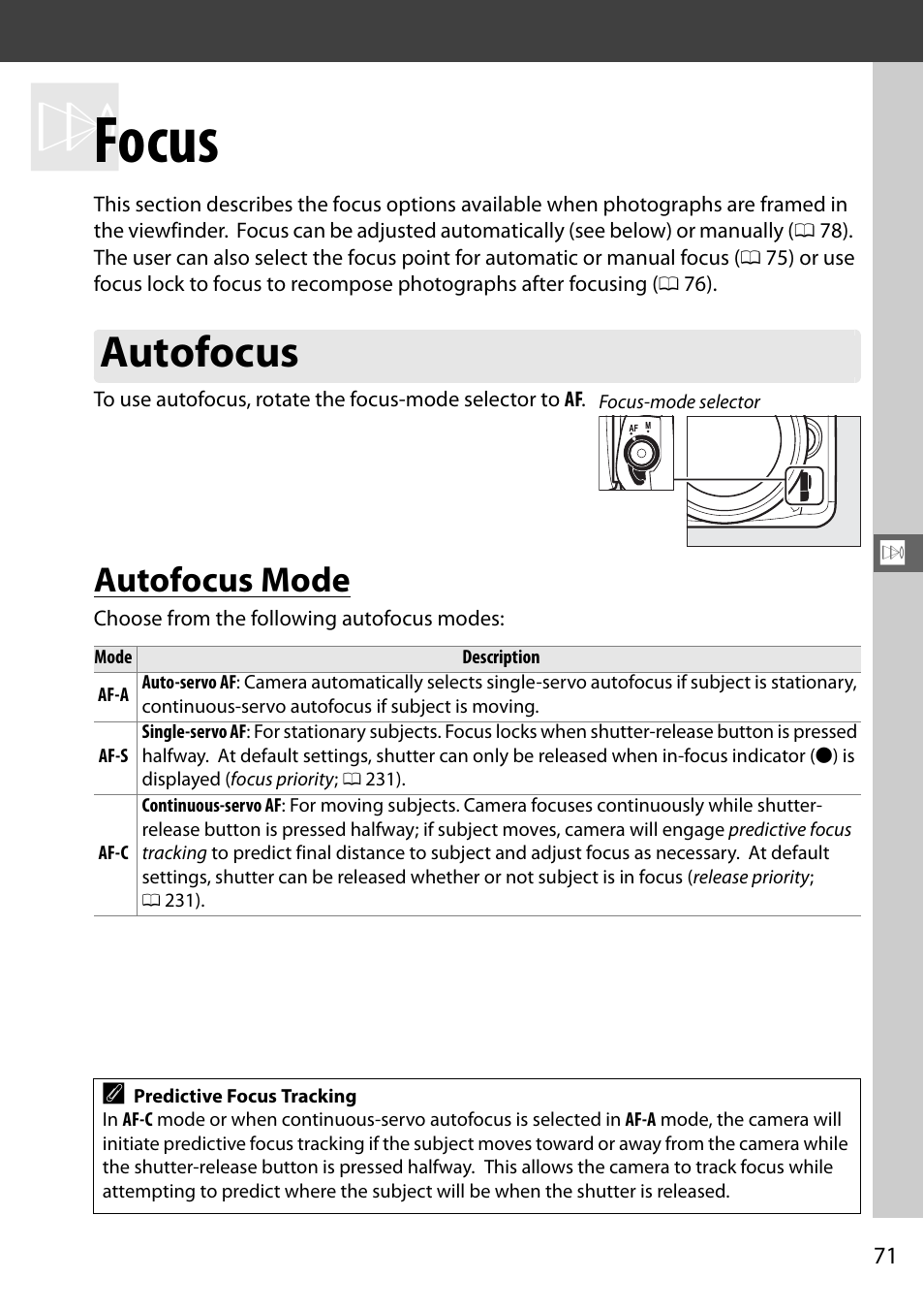 Focus, Autofocus, Autofocus mode | Nikon D7100 User Manual | Page 99 / 384