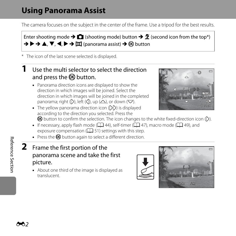 Using panorama assist, Button | Nikon L28 User Manual | Page 106 / 200