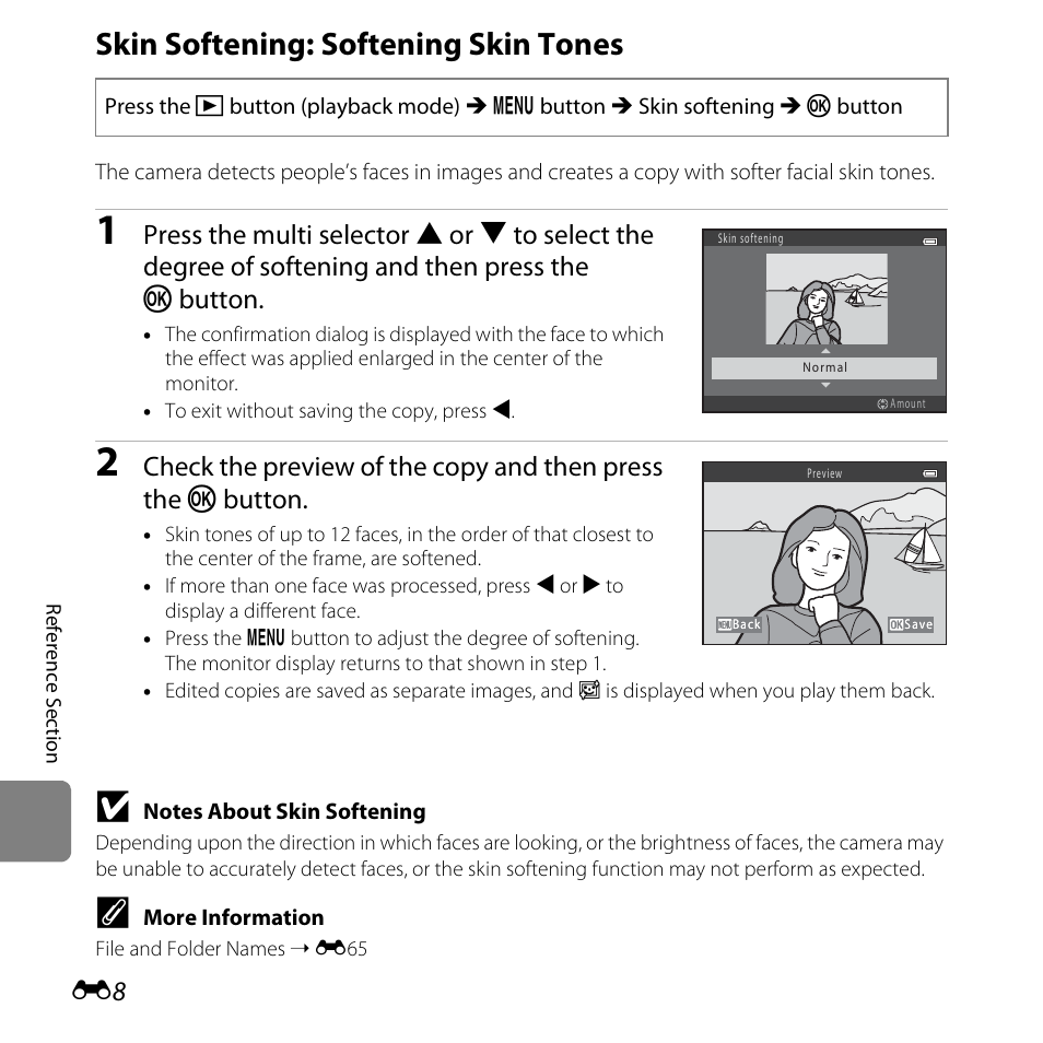 Skin softening: softening skin tones | Nikon L28 User Manual | Page 112 / 200
