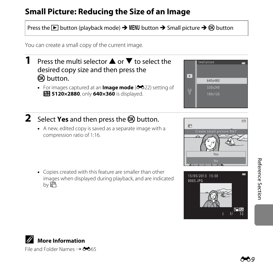 Small picture: reducing the size of an image, Select yes and then press the k button | Nikon L28 User Manual | Page 113 / 200