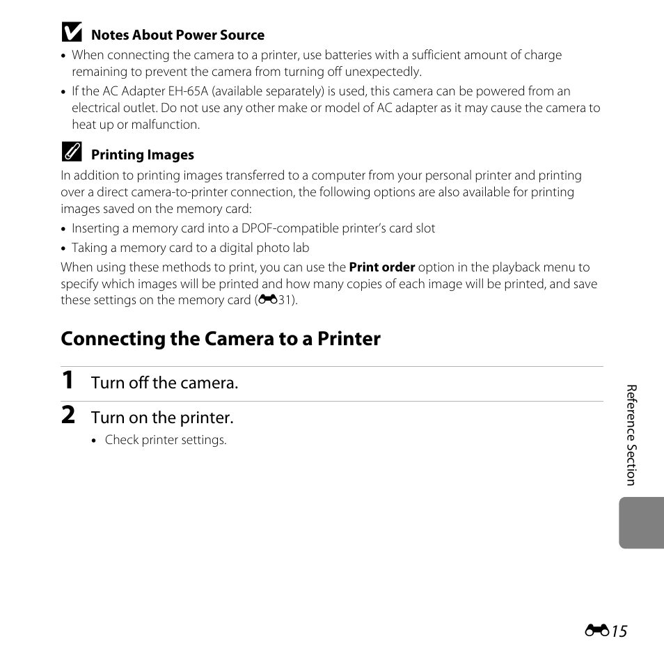 Connecting the camera to a printer, E15) | Nikon L28 User Manual | Page 119 / 200