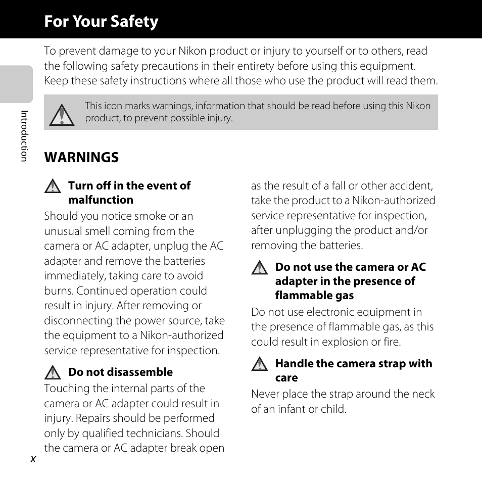 For your safety, Warnings | Nikon L28 User Manual | Page 12 / 200