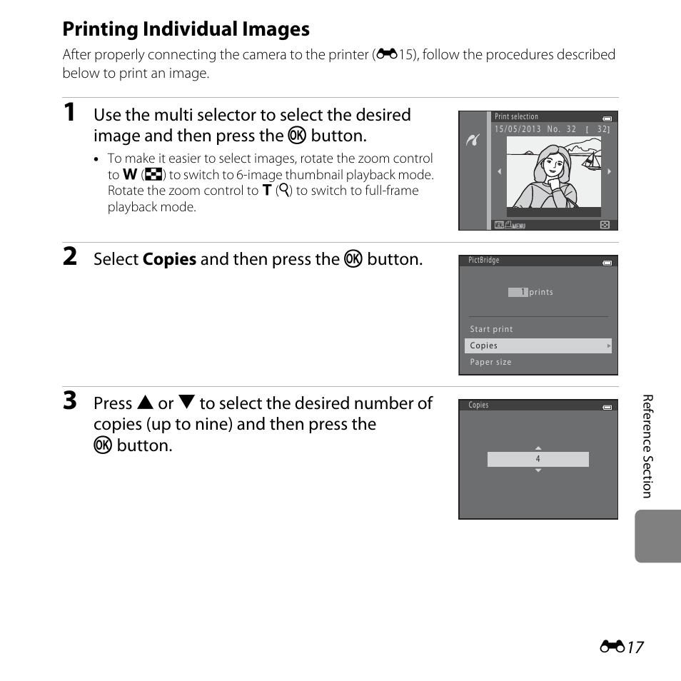 Printing individual images, E17), Select copies and then press the k button | Nikon L28 User Manual | Page 121 / 200